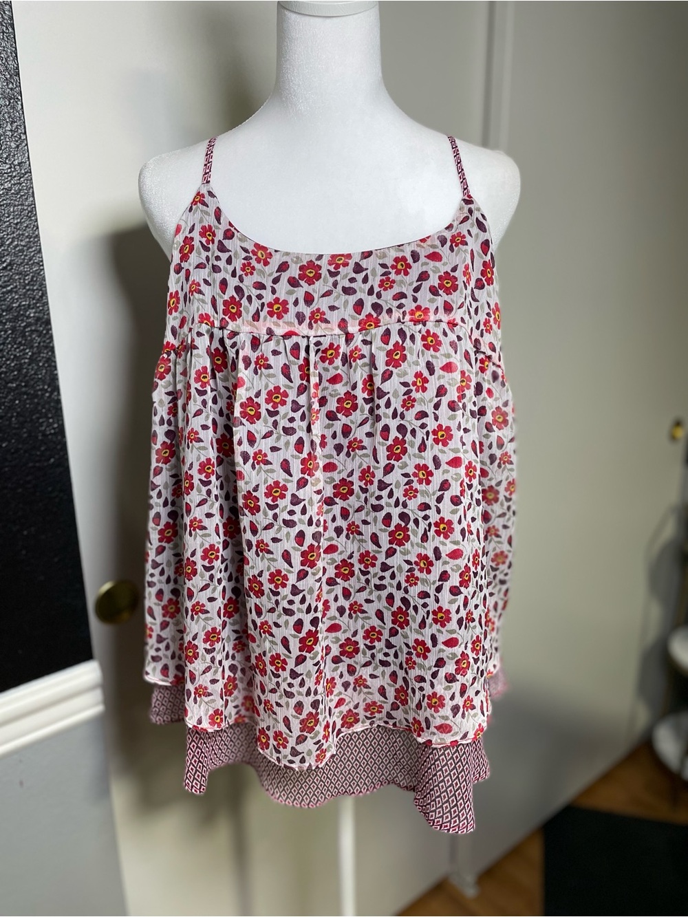 Faded Glory Pink and Red Floral Layered Spaghetti-Strap Camisole
